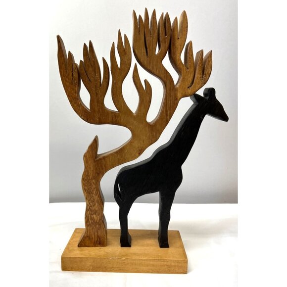 Hand-Carved Wooden Giraffe & Tree Figurine - Picture 1 of 7